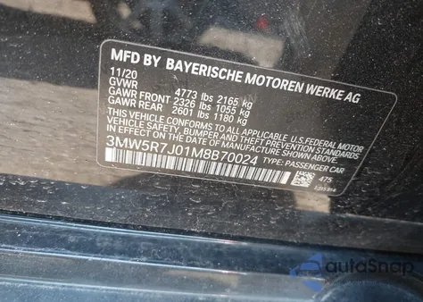 2021 BMW 330I xDrive z USA, uszkodzony, nr VIN 3MW5R7J01M8B70024